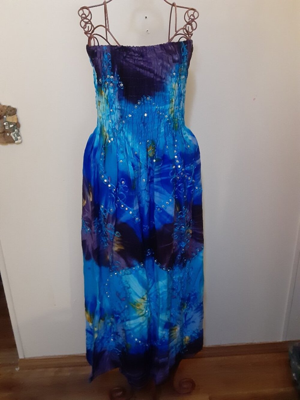 Y2K Sequin Mexican Cruise dress blue tiedye fairy mermaid maxi smocked strapless